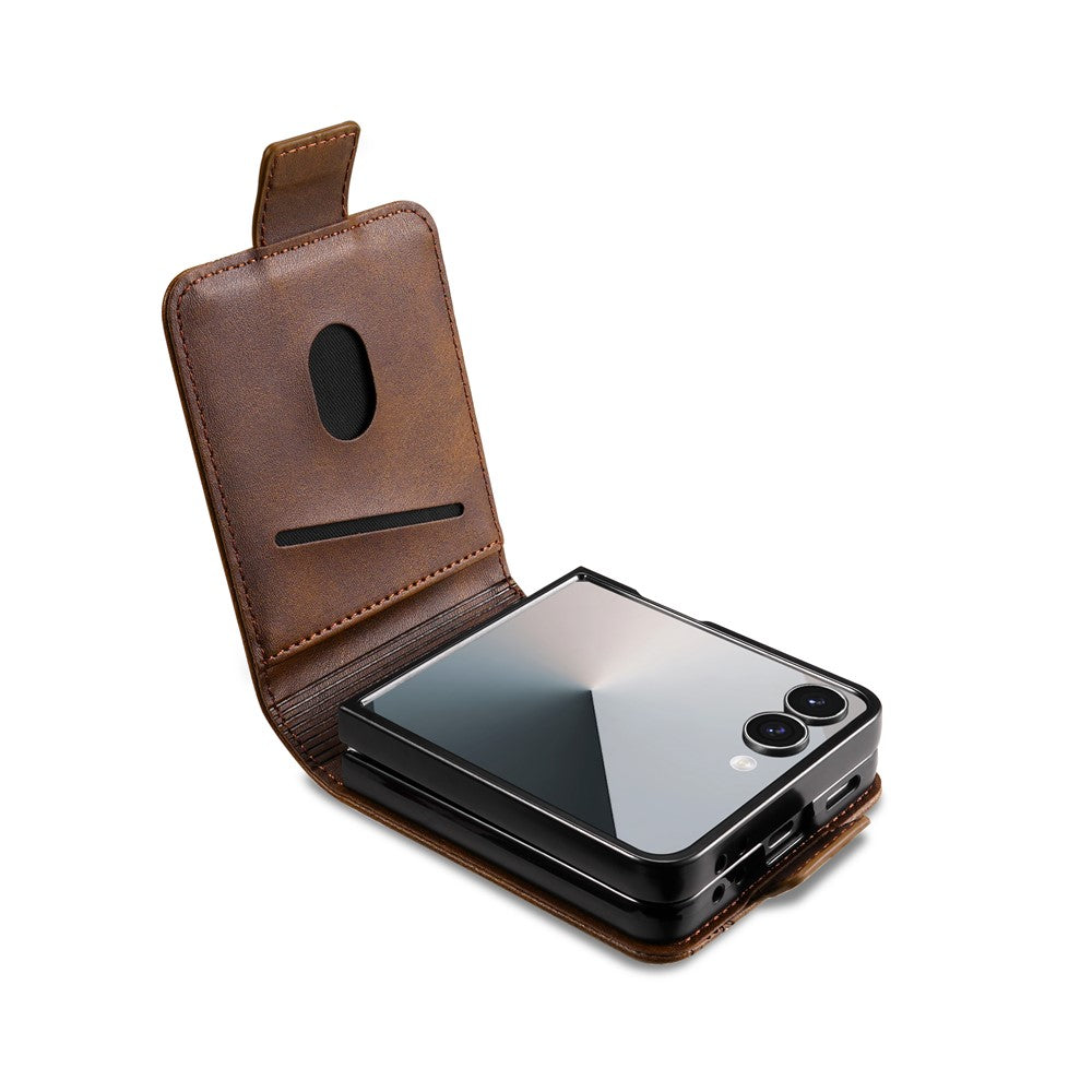 AZNS For Samsung Galaxy Z Flip7 5G Case Card Holder Cowhide Texture PC + PU Leather Phone Cover - Coffee