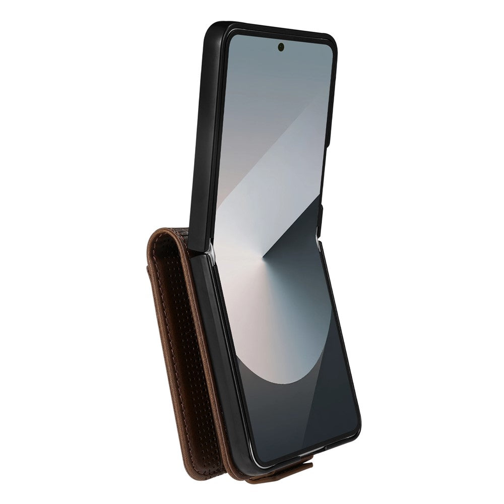 AZNS For Samsung Galaxy Z Flip7 5G Case Card Holder Cowhide Texture PC + PU Leather Phone Cover - Coffee