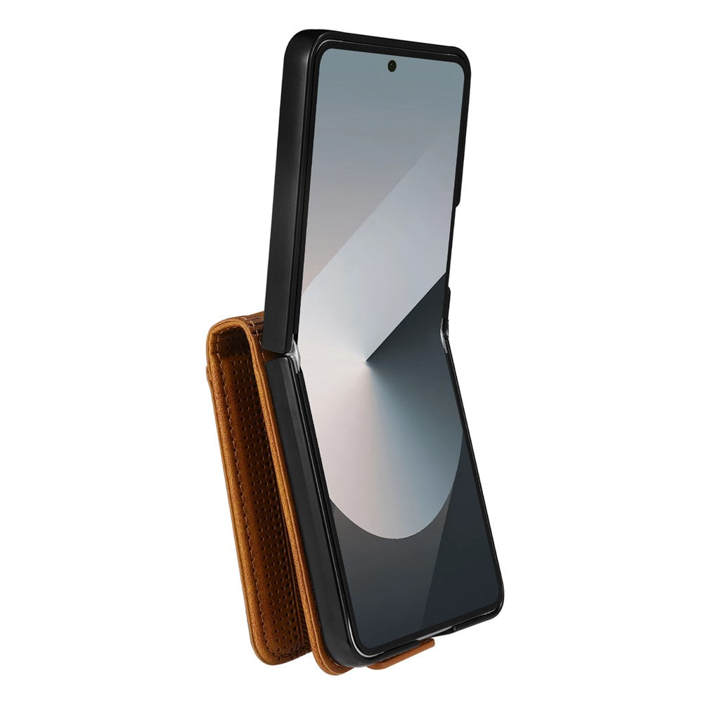 AZNS For Samsung Galaxy Z Flip7 5G Case Card Holder Cowhide Texture PC + PU Leather Phone Cover - Brown