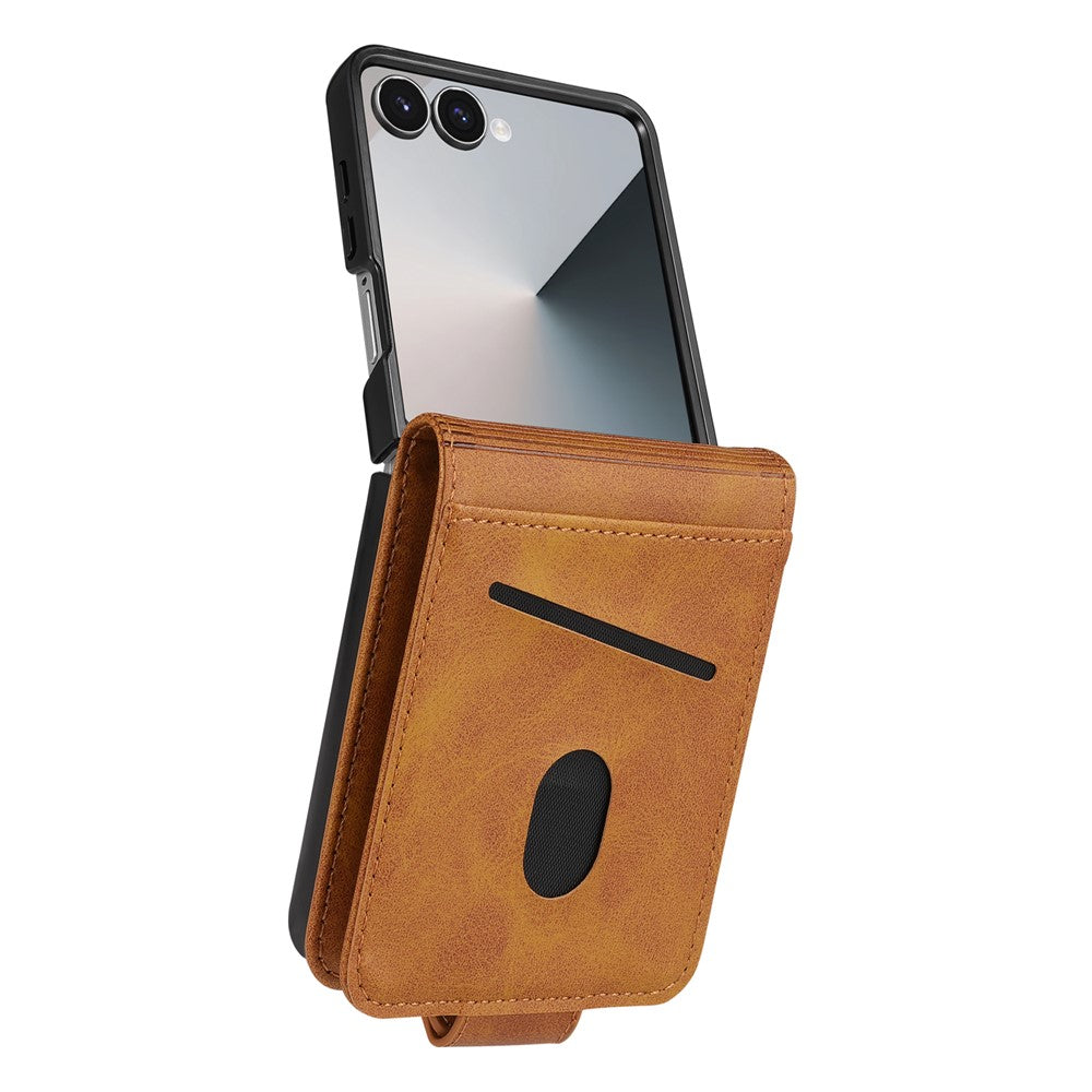 AZNS For Samsung Galaxy Z Flip7 5G Case Card Holder Cowhide Texture PC + PU Leather Phone Cover - Brown