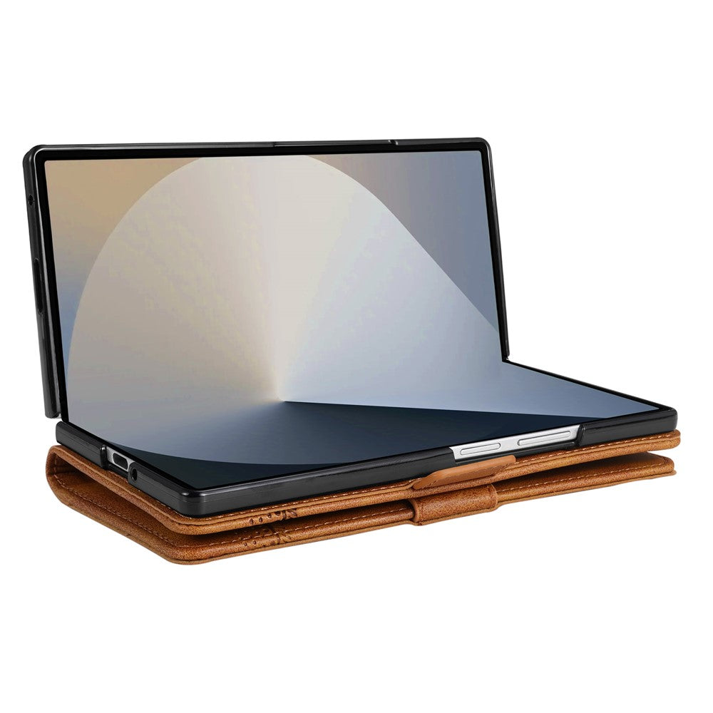 AZNS For Samsung Galaxy Z Fold7 5G Case Cowhide Texture PU Leather Wallet Phone Cover - Brown