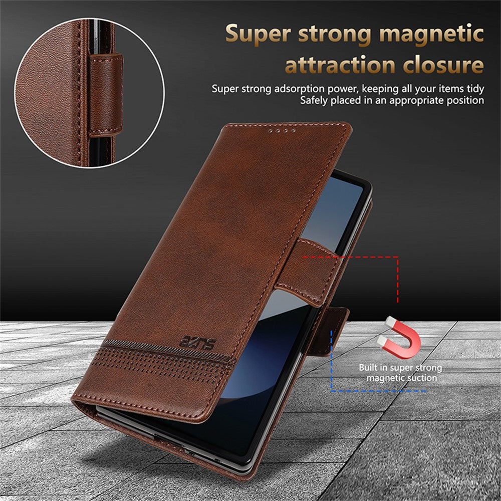 AZNS For Samsung Galaxy Z Fold7 5G Case Cowhide Texture PU Leather Wallet Phone Cover - Black
