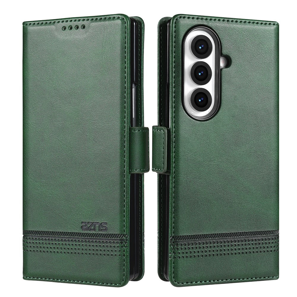 AZNS For Samsung Galaxy Z Fold7 5G Case Cowhide Texture PU Leather Wallet Phone Cover - Green