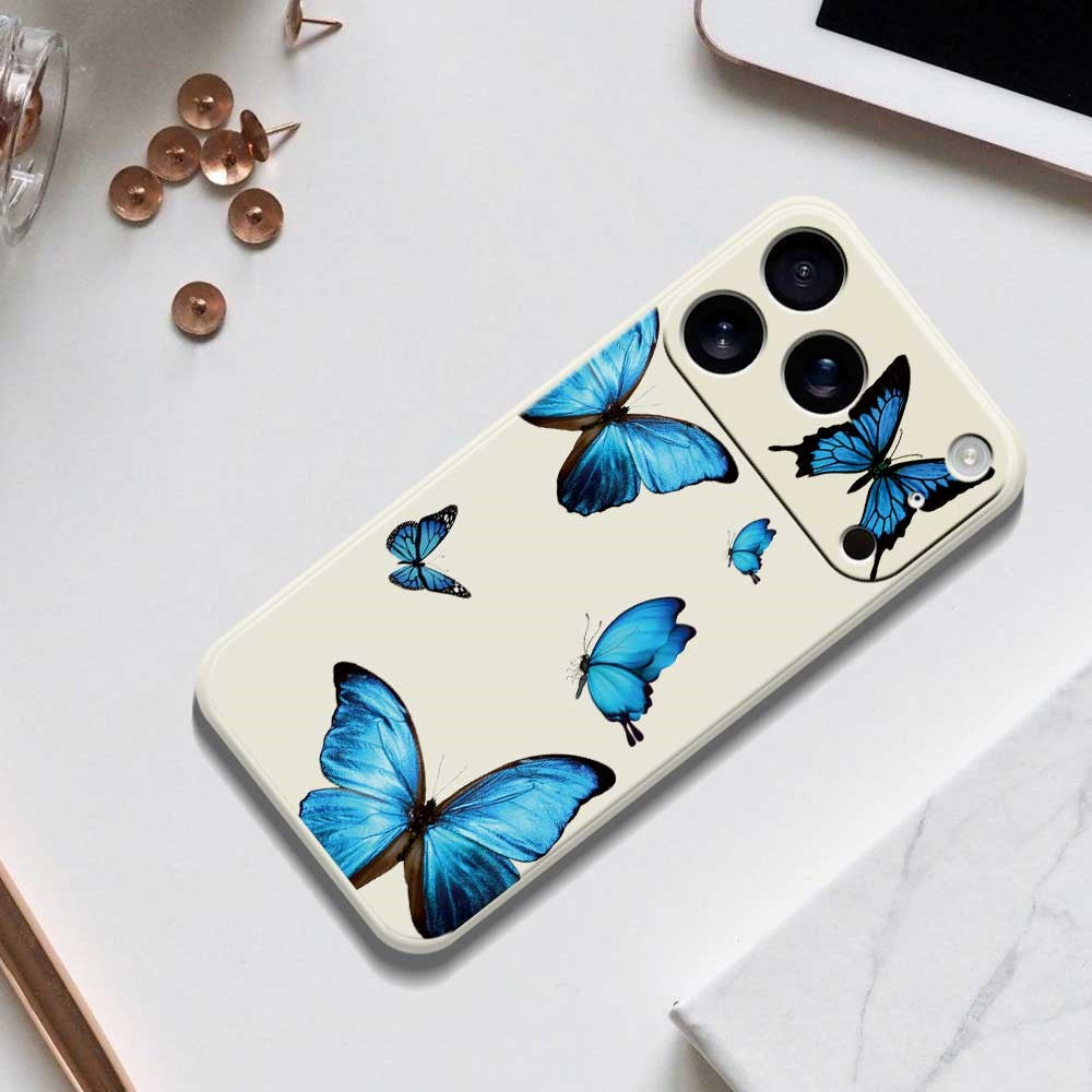 For iPhone 17 Pro Max Case Blue Butterflies Pattern Printing Straight Edge TPU Phone Back Cover - Beige