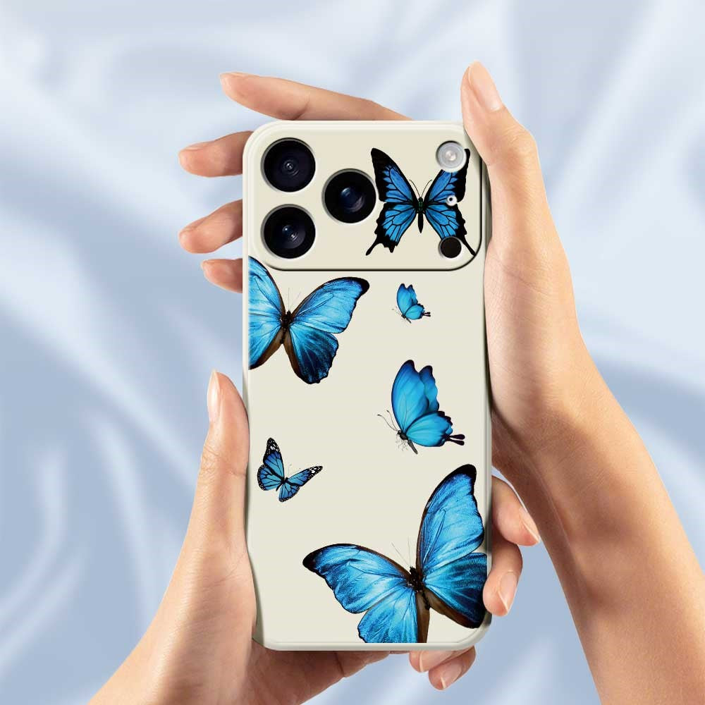 For iPhone 17 Pro Max Case Blue Butterflies Pattern Printing Straight Edge TPU Phone Back Cover - Purple