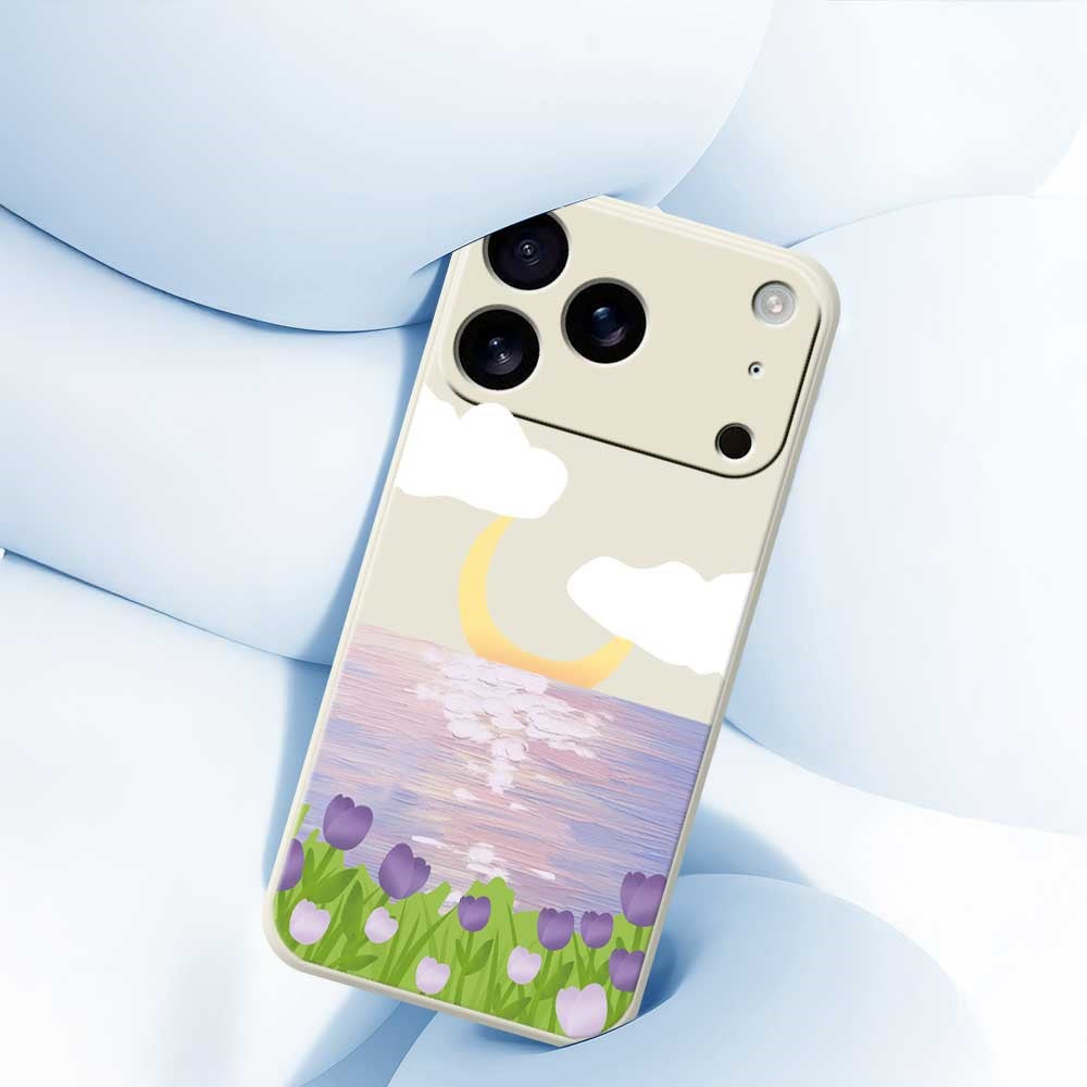 For iPhone 17 Pro Max Case Flowers and Sea Pattern Printing Straight Edge TPU Phone Back Cover - Purple