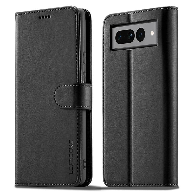 LC.IMEEKE For Google Pixel 7 Pro 5G Anti-scratch Phone Case Magnetic Clasp Phone Cover Wallet Stand Calf Texture PU Leather Protective Shell - Black