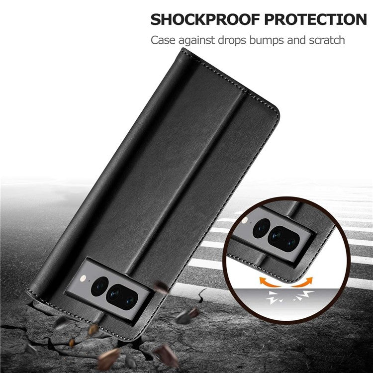 LC.IMEEKE For Google Pixel 7 Pro 5G Anti-scratch Phone Case Magnetic Clasp Phone Cover Wallet Stand Calf Texture PU Leather Protective Shell - Black