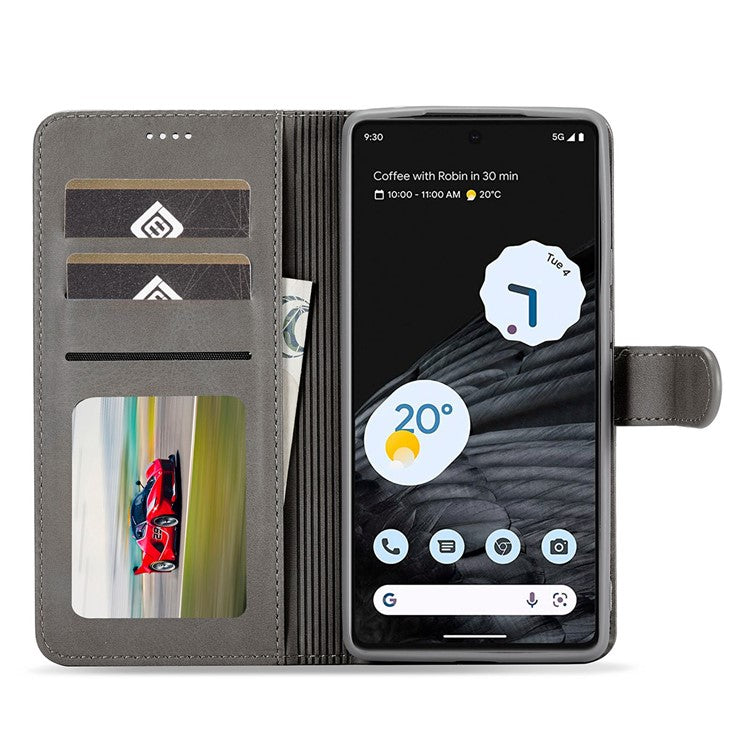 LC.IMEEKE For Google Pixel 7 Pro 5G Anti-scratch Phone Case Magnetic Clasp Phone Cover Wallet Stand Calf Texture PU Leather Protective Shell - Grey