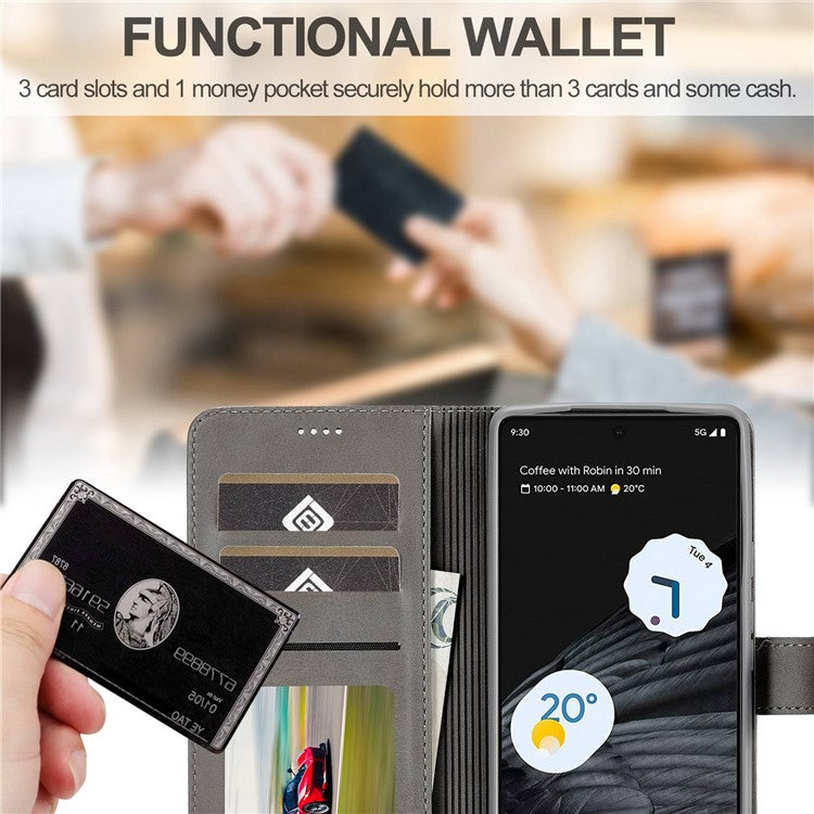 LC.IMEEKE For Google Pixel 7 Pro 5G Anti-scratch Phone Case Magnetic Clasp Phone Cover Wallet Stand Calf Texture PU Leather Protective Shell - Grey