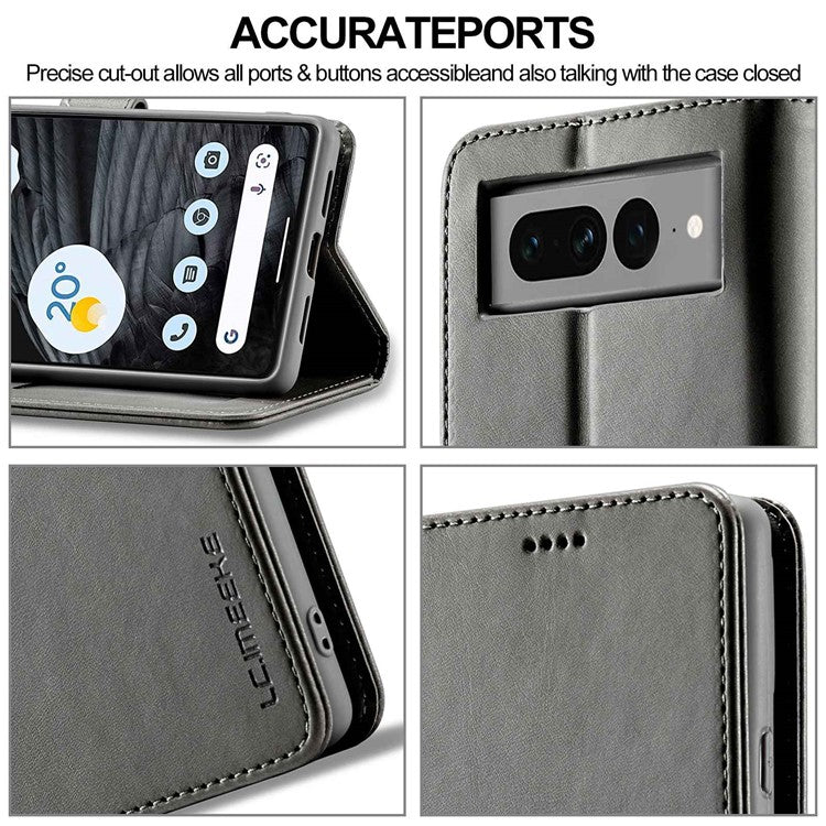 LC.IMEEKE For Google Pixel 7 Pro 5G Anti-scratch Phone Case Magnetic Clasp Phone Cover Wallet Stand Calf Texture PU Leather Protective Shell - Grey