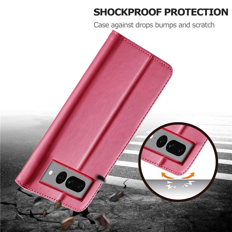 LC.IMEEKE For Google Pixel 7 Pro 5G Anti-scratch Phone Case Magnetic Clasp Phone Cover Wallet Stand Calf Texture PU Leather Protective Shell - Pink