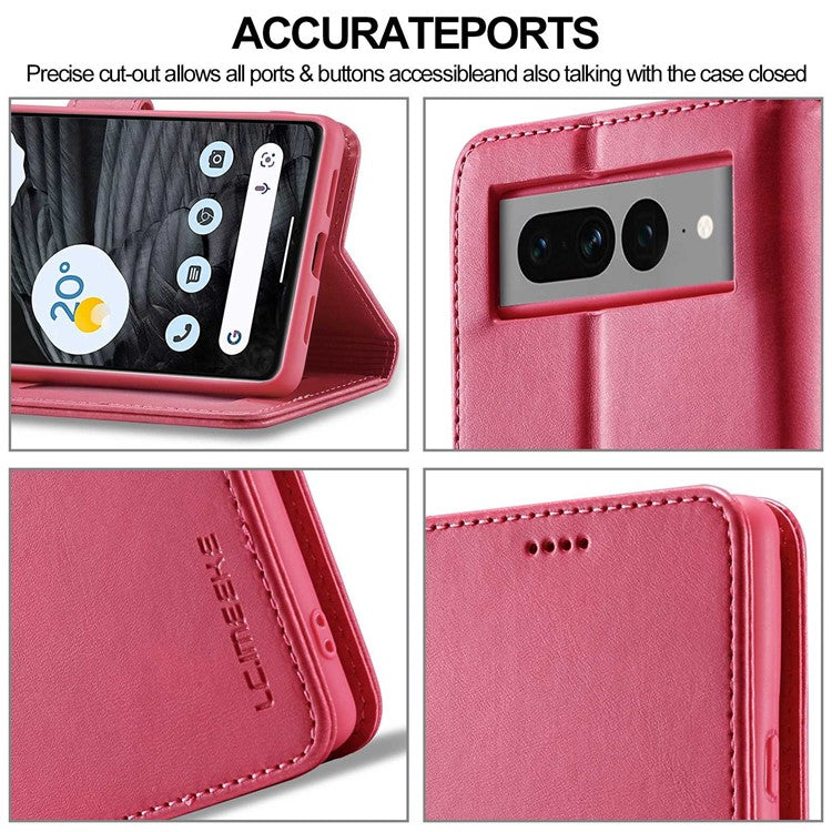 LC.IMEEKE For Google Pixel 7 Pro 5G Anti-scratch Phone Case Magnetic Clasp Phone Cover Wallet Stand Calf Texture PU Leather Protective Shell - Pink