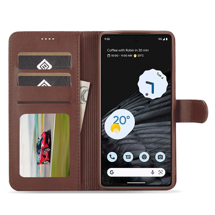 LC.IMEEKE For Google Pixel 7 Pro 5G Anti-scratch Phone Case Magnetic Clasp Phone Cover Wallet Stand Calf Texture PU Leather Protective Shell - Brown