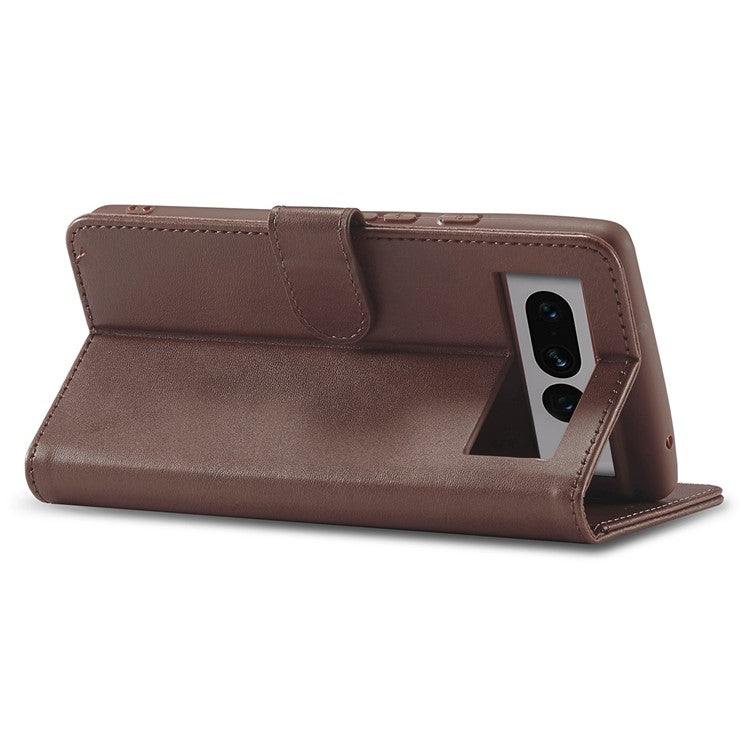 LC.IMEEKE For Google Pixel 7 Pro 5G Anti-scratch Phone Case Magnetic Clasp Phone Cover Wallet Stand Calf Texture PU Leather Protective Shell - Brown