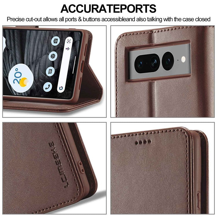 LC.IMEEKE For Google Pixel 7 Pro 5G Anti-scratch Phone Case Magnetic Clasp Phone Cover Wallet Stand Calf Texture PU Leather Protective Shell - Brown