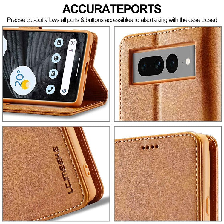 LC.IMEEKE For Google Pixel 7 Pro 5G Anti-scratch Phone Case Magnetic Clasp Phone Cover Wallet Stand Calf Texture PU Leather Protective Shell - Light Brown