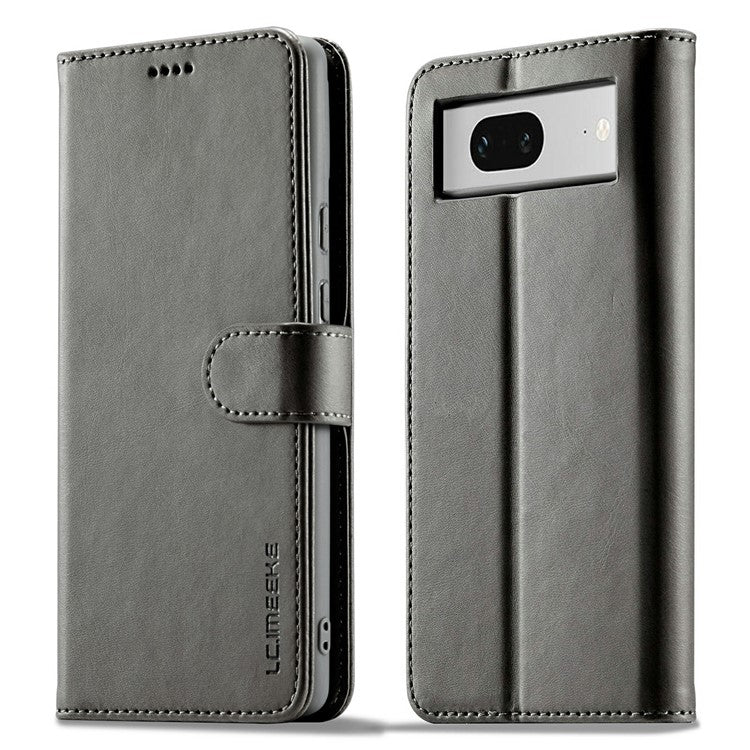 LC.IMEEKE Calf Texture Phone Case For Google Pixel 7 5G, Anti-fall Magnetic Clasp PU Leather Wallet Stand Full Protection Cell Phone Cover - Grey