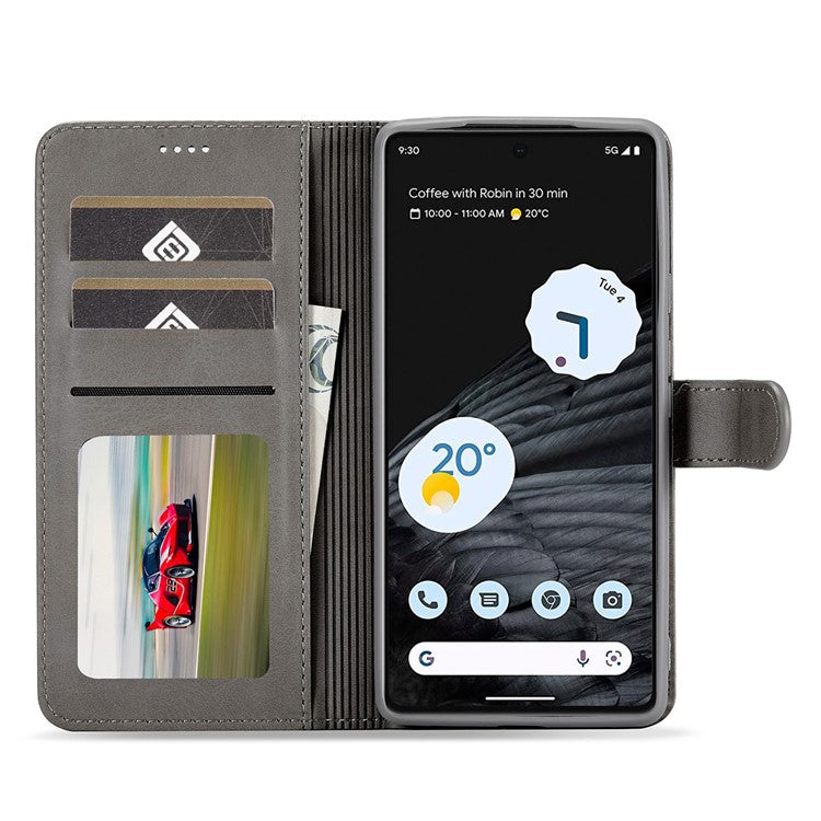 LC.IMEEKE Calf Texture Phone Case For Google Pixel 7 5G, Anti-fall Magnetic Clasp PU Leather Wallet Stand Full Protection Cell Phone Cover - Grey