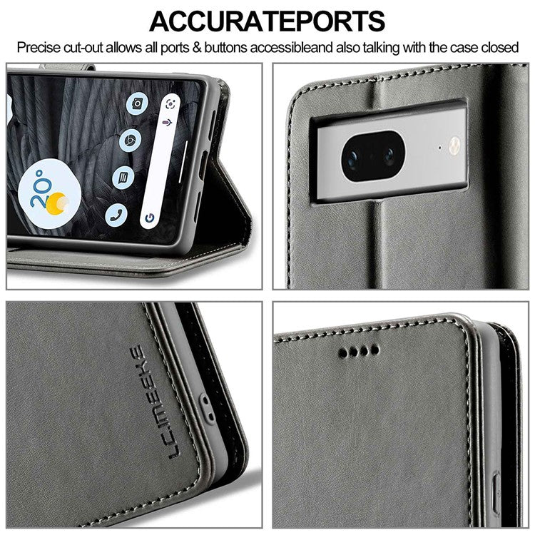 LC.IMEEKE Calf Texture Phone Case For Google Pixel 7 5G, Anti-fall Magnetic Clasp PU Leather Wallet Stand Full Protection Cell Phone Cover - Grey