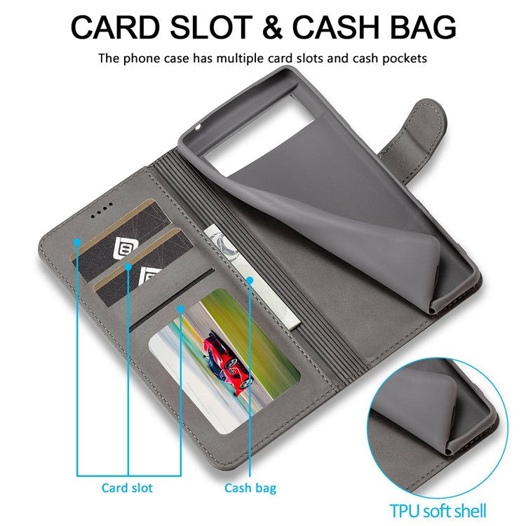 LC.IMEEKE Calf Texture Phone Case For Google Pixel 7 5G, Anti-fall Magnetic Clasp PU Leather Wallet Stand Full Protection Cell Phone Cover - Grey
