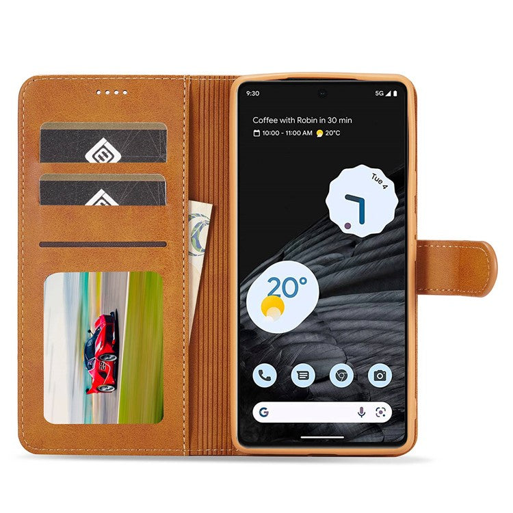 LC.IMEEKE Calf Texture Phone Case For Google Pixel 7 5G, Anti-fall Magnetic Clasp PU Leather Wallet Stand Full Protection Cell Phone Cover - Light Brown