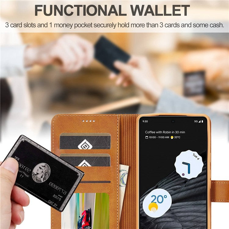 LC.IMEEKE Calf Texture Phone Case For Google Pixel 7 5G, Anti-fall Magnetic Clasp PU Leather Wallet Stand Full Protection Cell Phone Cover - Light Brown
