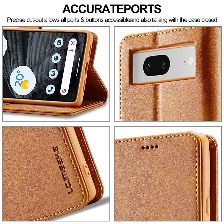 LC.IMEEKE Calf Texture Phone Case For Google Pixel 7 5G, Anti-fall Magnetic Clasp PU Leather Wallet Stand Full Protection Cell Phone Cover - Light Brown