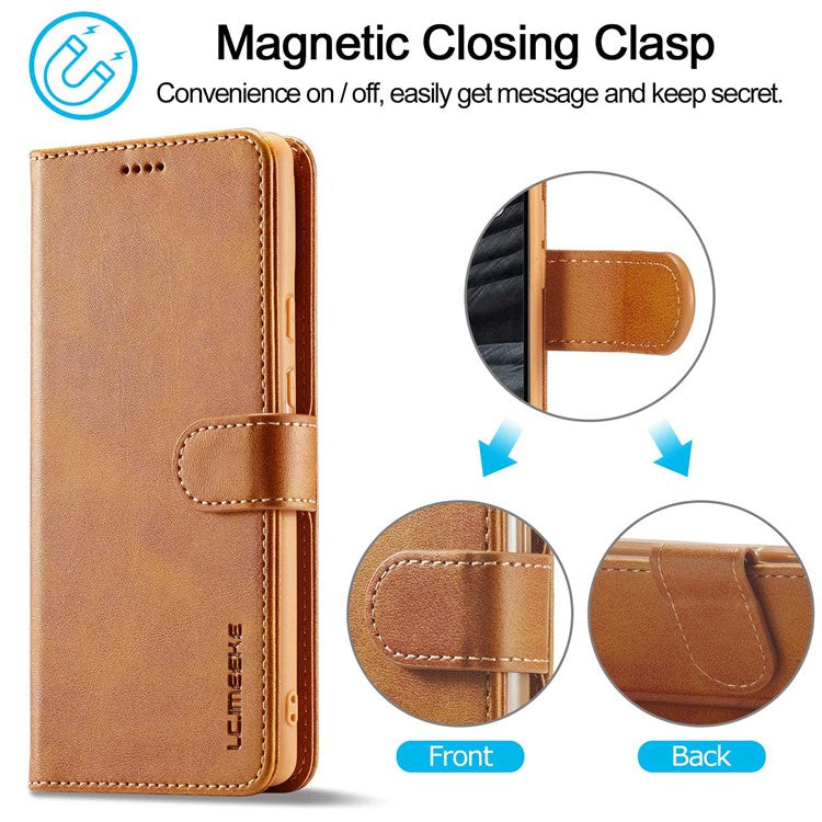 LC.IMEEKE Calf Texture Phone Case For Google Pixel 7 5G, Anti-fall Magnetic Clasp PU Leather Wallet Stand Full Protection Cell Phone Cover - Light Brown