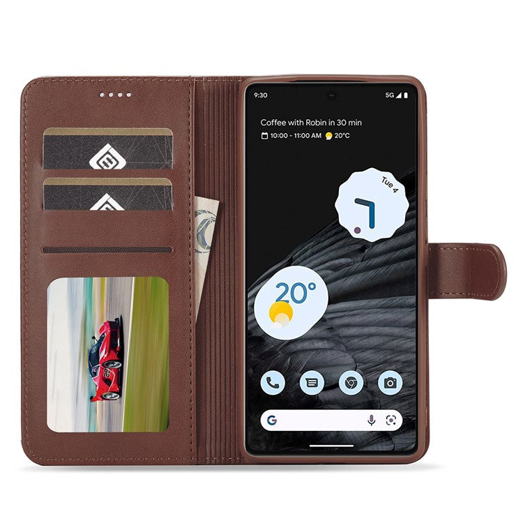 LC.IMEEKE Calf Texture Phone Case For Google Pixel 7 5G, Anti-fall Magnetic Clasp PU Leather Wallet Stand Full Protection Cell Phone Cover - Brown