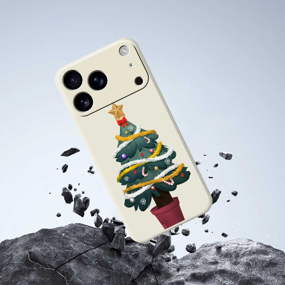 For iPhone 17 Pro Max Case Christmas Tree Potted Plants Pattern Printing Straight Edge TPU Phone Back Cover - Beige