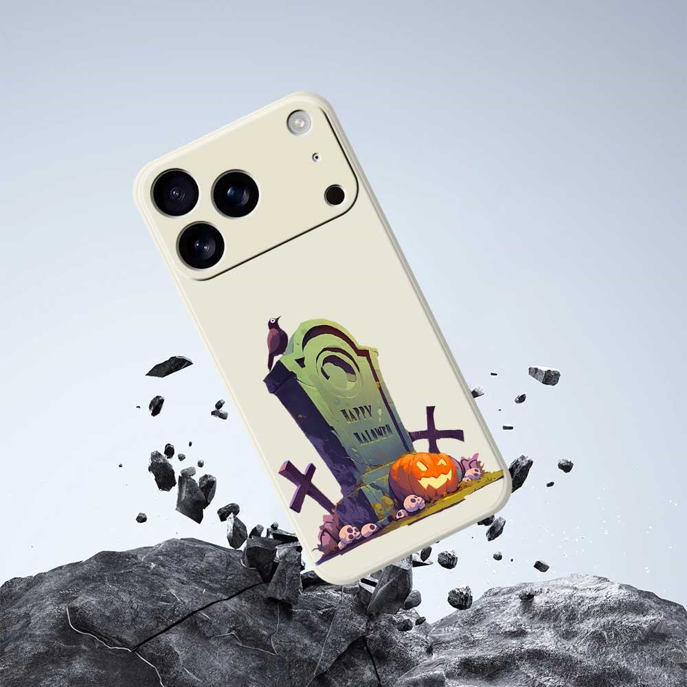 For iPhone 17 Pro Max Case Halloween Tombstone Pattern Printing Straight Edge TPU Phone Back Cover - Beige
