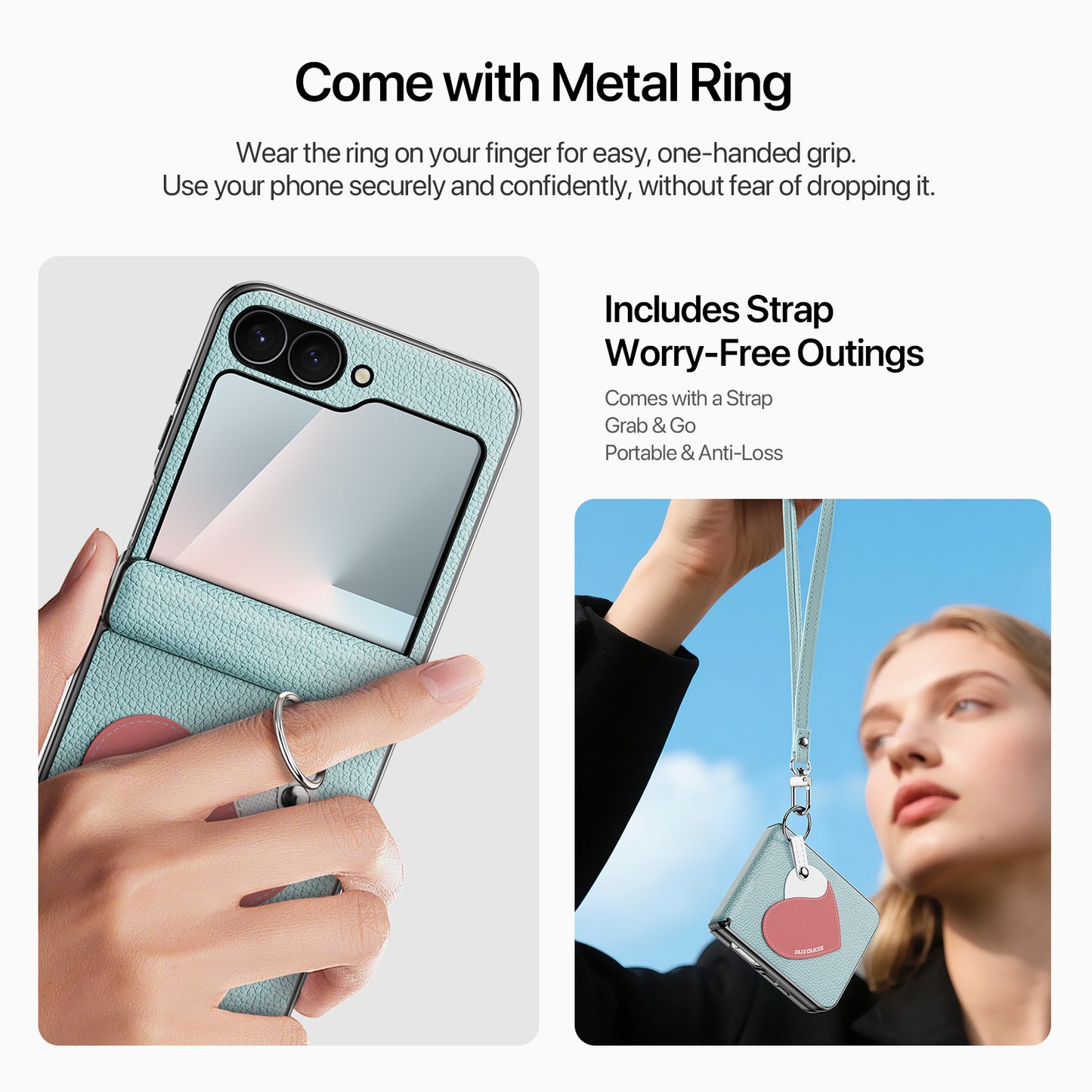 For Samsung Galaxy Z Flip6 5G / Galaxy Z Flip7 FE 5G Case DUX DUCIS Luvy Series PU Leather + PC Phone Case with Ring Holder / Strap - Cyan Blue-Love