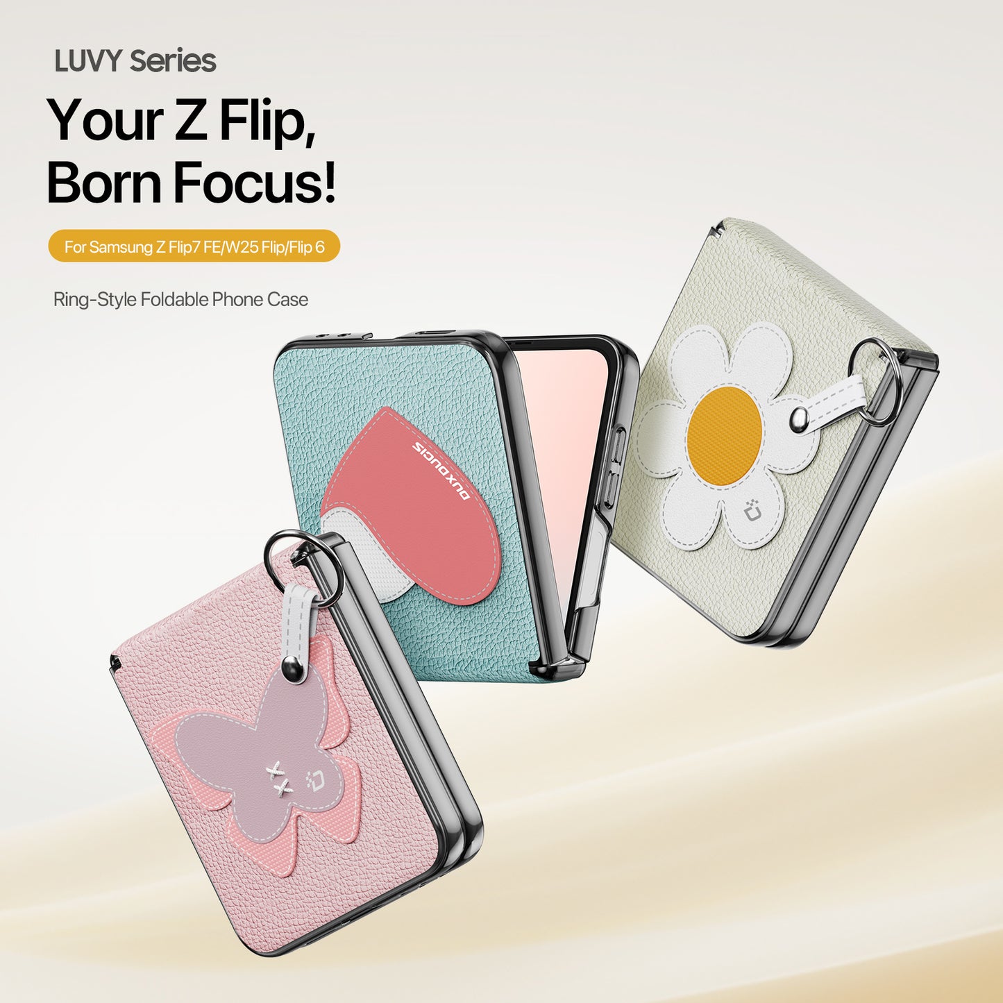 For Samsung Galaxy Z Flip6 5G / Galaxy Z Flip7 FE 5G Case DUX DUCIS Luvy Series PU Leather + PC Phone Case with Ring Holder / Strap - Pink-Butterfly