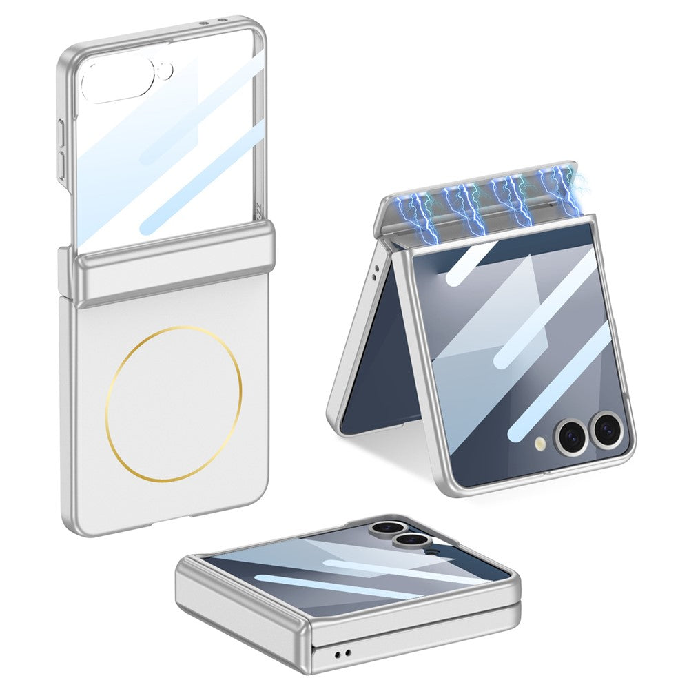 GKK For Samsung Galaxy Z Flip7 5G Magnetic Case Hinge Protection PC Tempered Glass Film Phone Cover - Silver