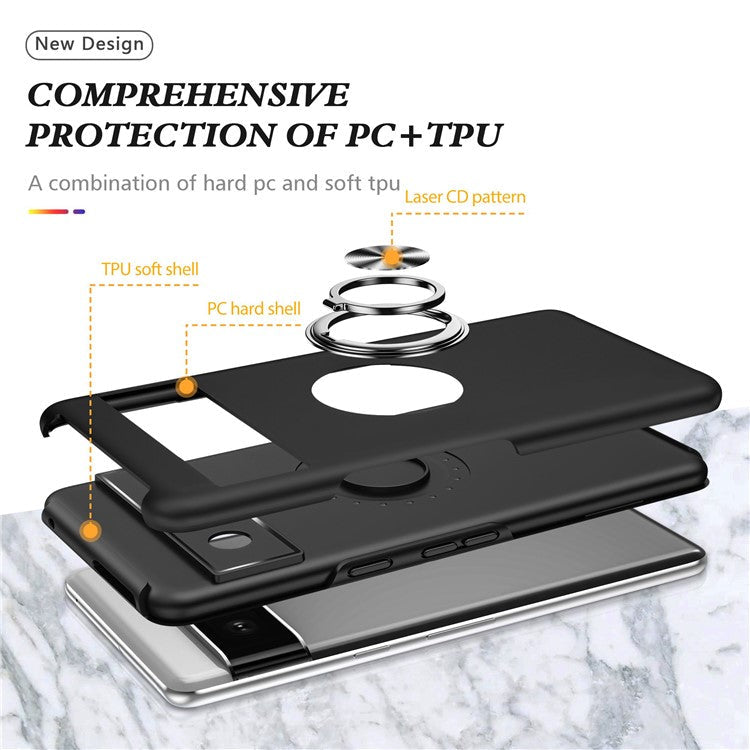 For Google Pixel 7 5G Ring Kickstand Armor Phone Case Hard PC Soft TPU Bumper Shockproof Protective Cover - Black