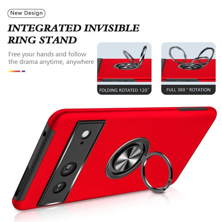 For Google Pixel 7 5G Ring Kickstand Armor Phone Case Hard PC Soft TPU Bumper Shockproof Protective Cover - Red