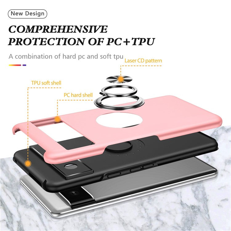 For Google Pixel 7 5G Ring Kickstand Armor Phone Case Hard PC Soft TPU Bumper Shockproof Protective Cover - Rose Gold