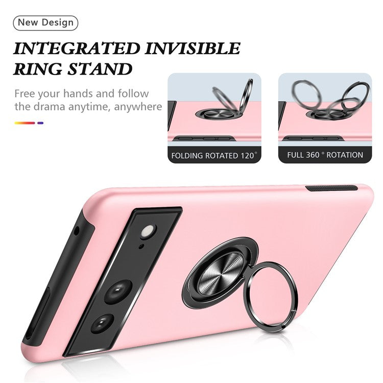 For Google Pixel 7 5G Ring Kickstand Armor Phone Case Hard PC Soft TPU Bumper Shockproof Protective Cover - Rose Gold