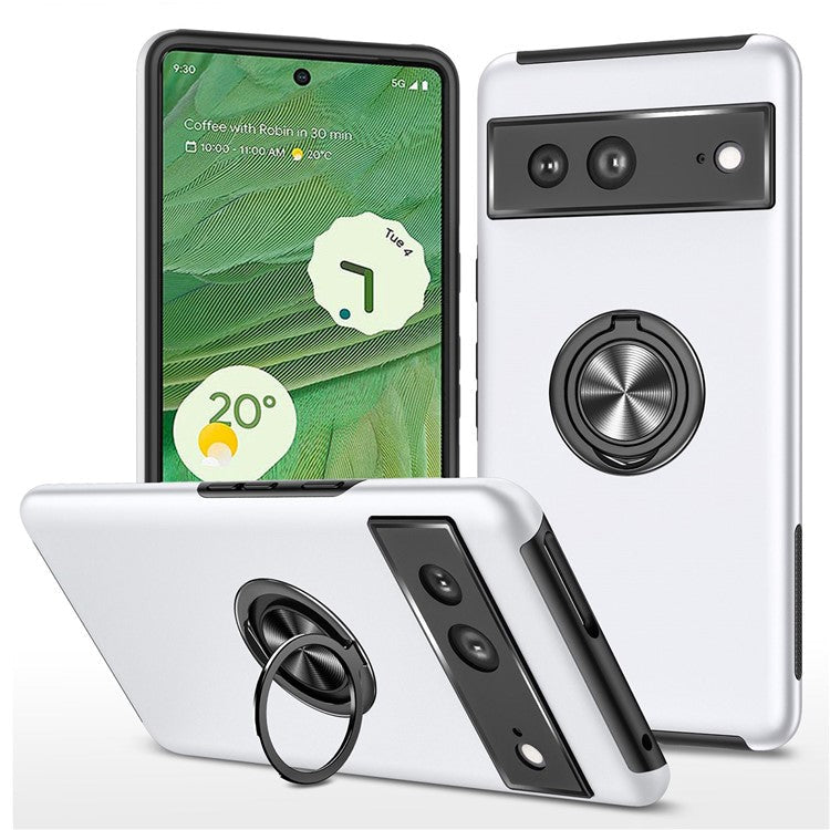 For Google Pixel 7 5G Ring Kickstand Armor Phone Case Hard PC Soft TPU Bumper Shockproof Protective Cover - Silver