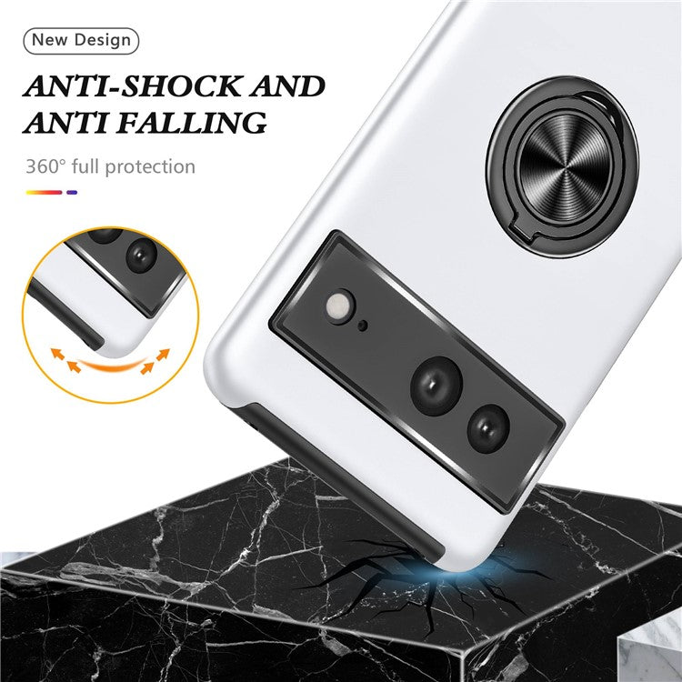 For Google Pixel 7 5G Ring Kickstand Armor Phone Case Hard PC Soft TPU Bumper Shockproof Protective Cover - Silver