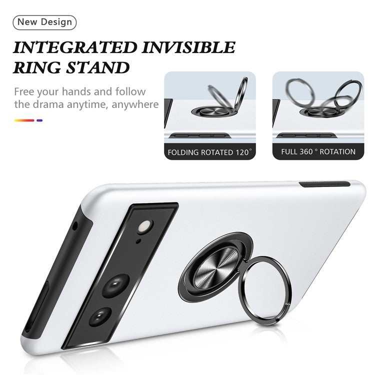 For Google Pixel 7 5G Ring Kickstand Armor Phone Case Hard PC Soft TPU Bumper Shockproof Protective Cover - Silver
