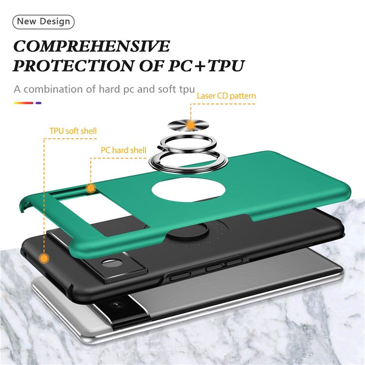 For Google Pixel 7 5G Ring Kickstand Armor Phone Case Hard PC Soft TPU Bumper Shockproof Protective Cover - Blackish Green