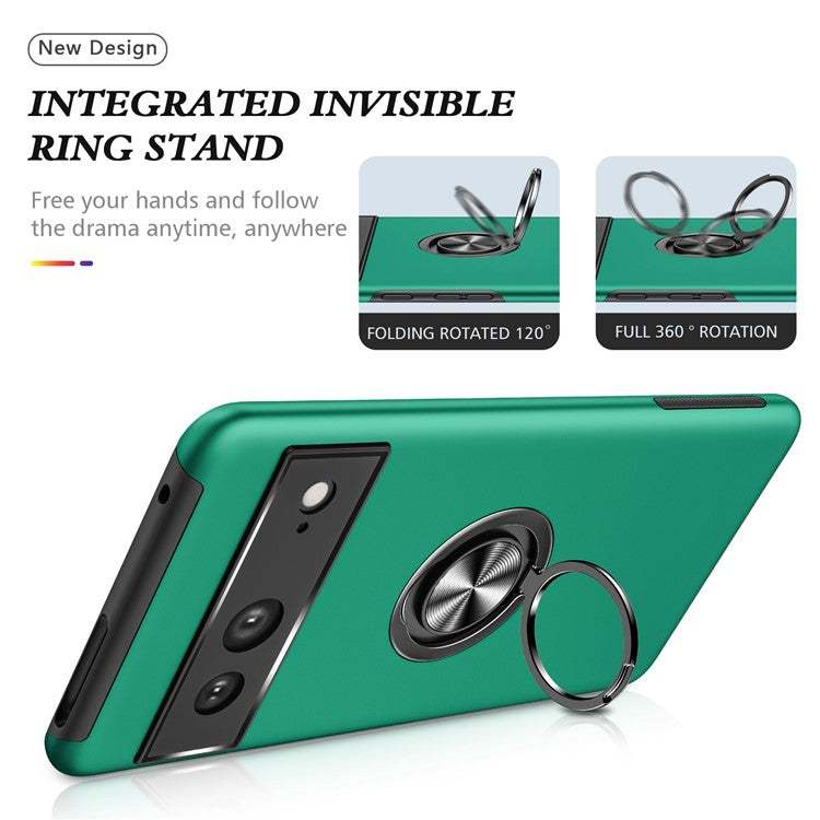 For Google Pixel 7 5G Ring Kickstand Armor Phone Case Hard PC Soft TPU Bumper Shockproof Protective Cover - Blackish Green