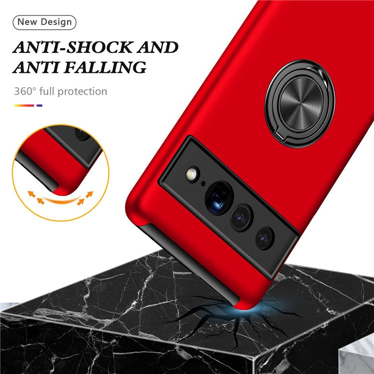 For Google Pixel 7 Pro 5G Anti-fall Kickstand Phone Cover Hard PC Soft TPU Hybrid Protection Back Cover, Support Magnetic Car Mount - Red