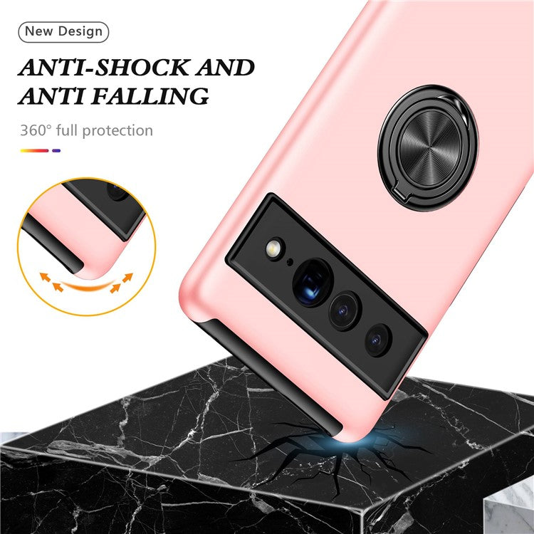 For Google Pixel 7 Pro 5G Anti-fall Kickstand Phone Cover Hard PC Soft TPU Hybrid Protection Back Cover, Support Magnetic Car Mount - Rose Gold