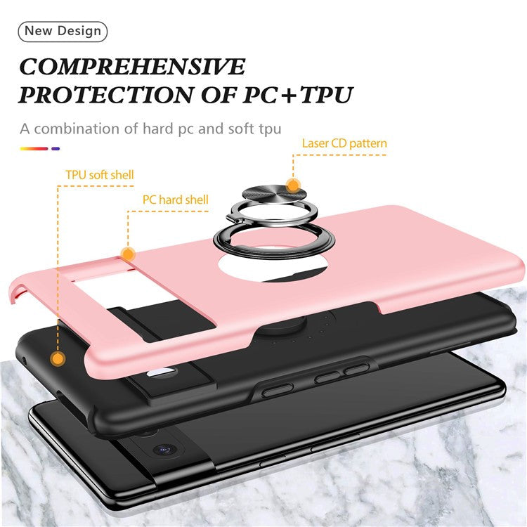For Google Pixel 7 Pro 5G Anti-fall Kickstand Phone Cover Hard PC Soft TPU Hybrid Protection Back Cover, Support Magnetic Car Mount - Rose Gold