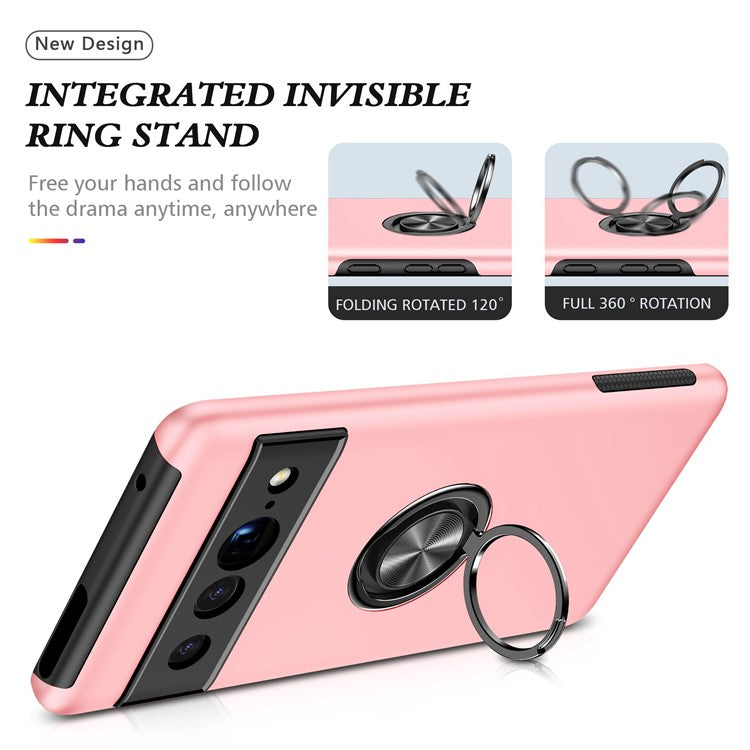 For Google Pixel 7 Pro 5G Anti-fall Kickstand Phone Cover Hard PC Soft TPU Hybrid Protection Back Cover, Support Magnetic Car Mount - Rose Gold