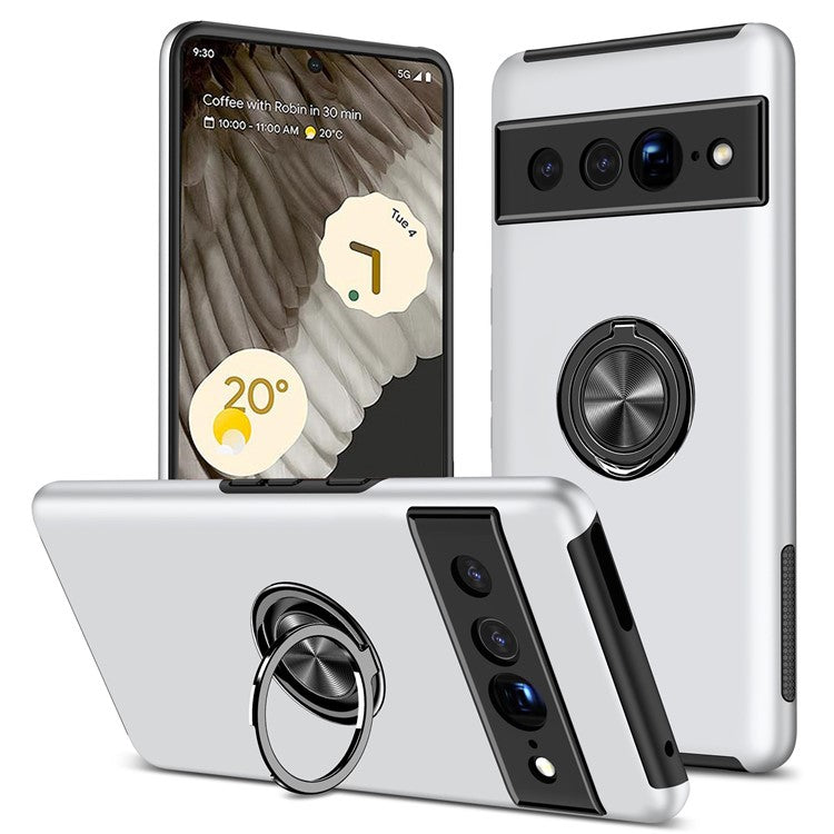 For Google Pixel 7 Pro 5G Anti-fall Kickstand Phone Cover Hard PC Soft TPU Hybrid Protection Back Cover, Support Magnetic Car Mount - Silver