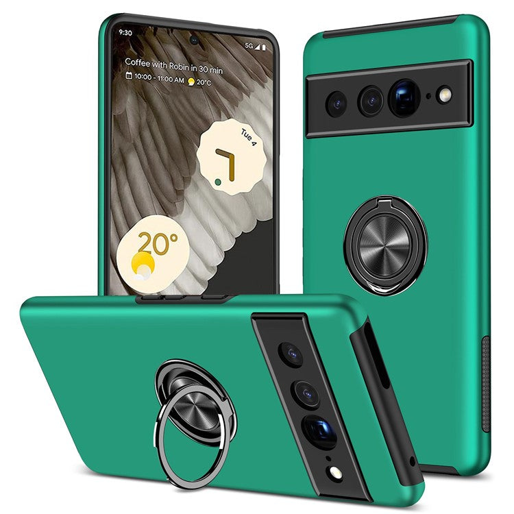 For Google Pixel 7 Pro 5G Anti-fall Kickstand Phone Cover Hard PC Soft TPU Hybrid Protection Back Cover, Support Magnetic Car Mount - Blackish Green
